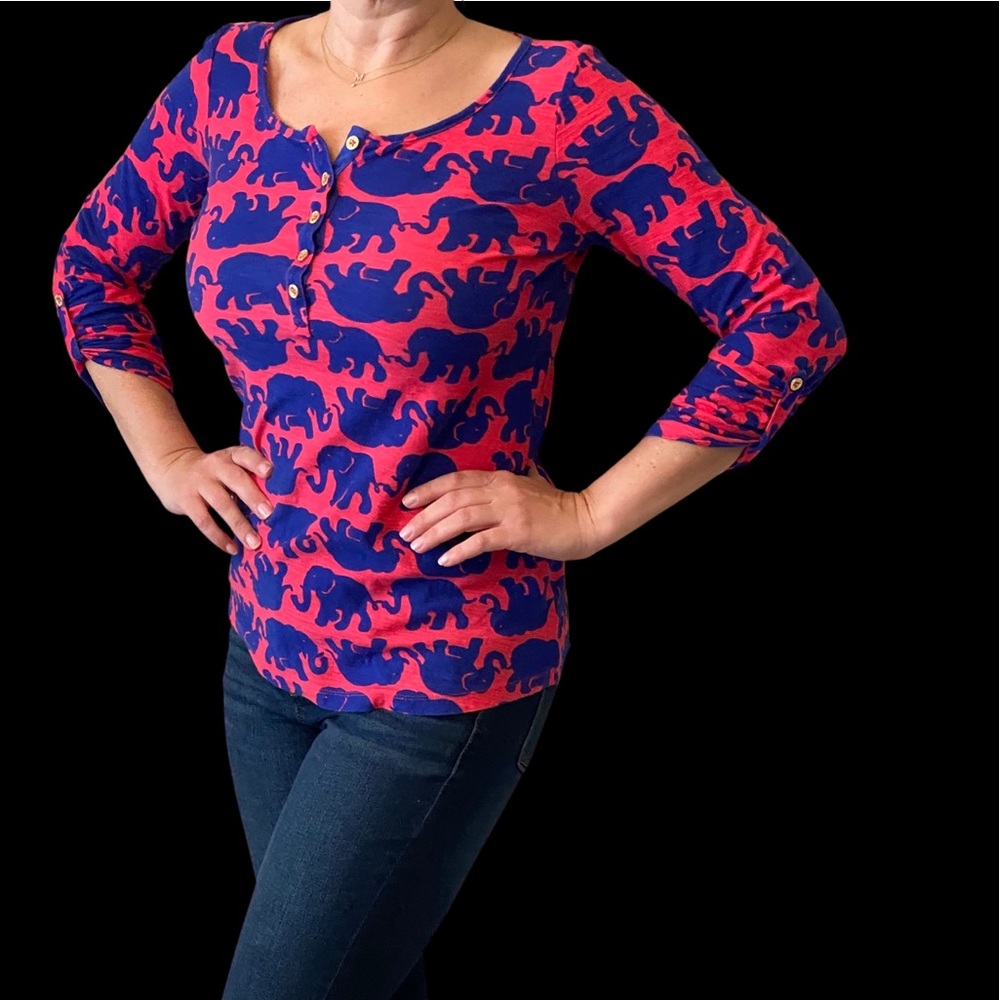 Lilly Pulitzer Henley Elephant Print Pink Blue 3/4 Sleeve